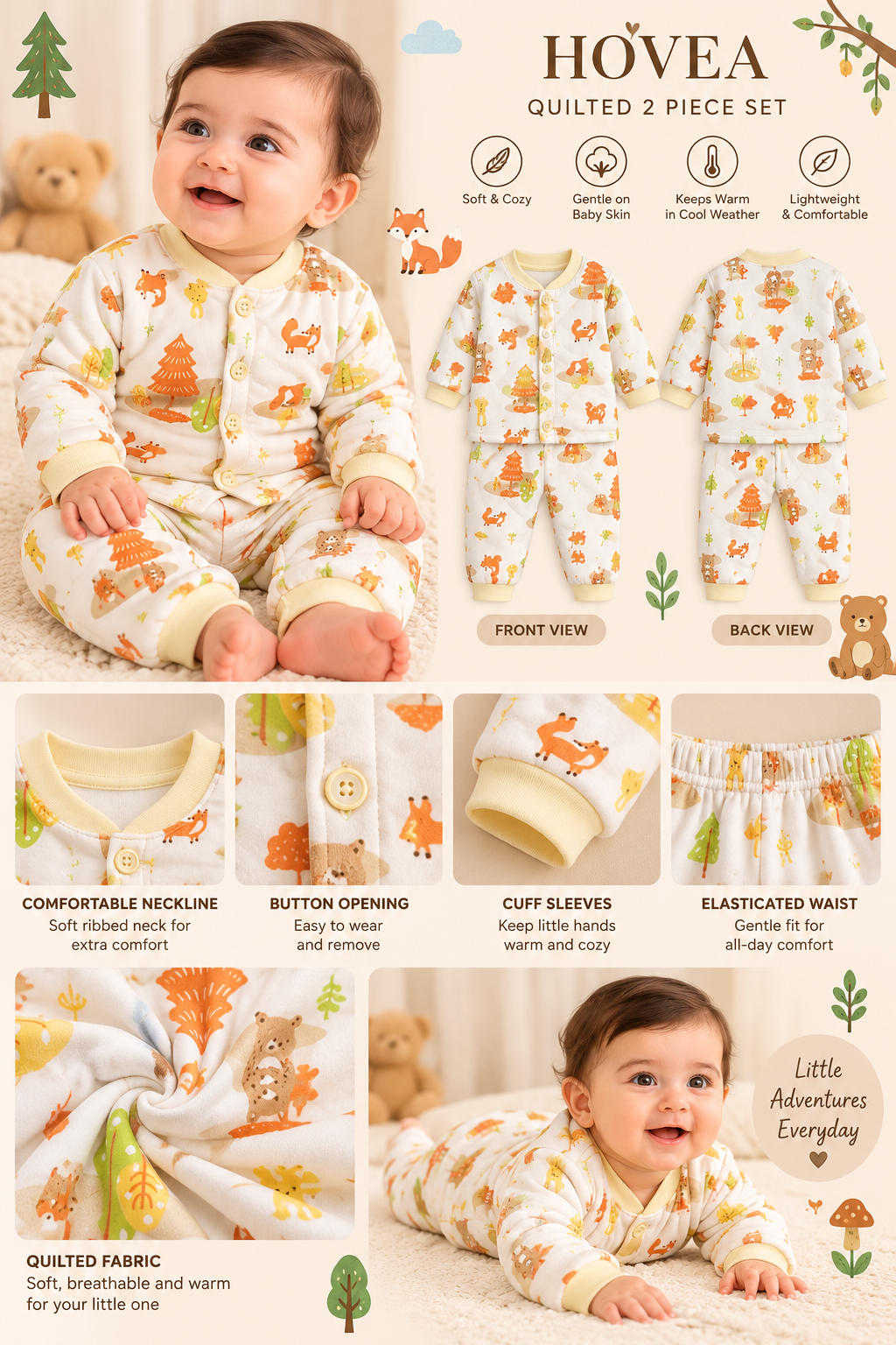 Baby Unisex Quilted Winter Co-Ord Set with Cute Forest Animal Print – Full Sleeve Top & Bottom