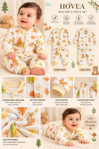 Baby Unisex Quilted Winter Co-Ord Set with Cute Forest Animal Print – Full Sleeve Top & Bottom
