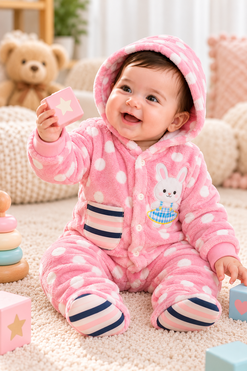 Baby Hooded Fleece Romper for Boys & Girls – Soft Winter Footed Jumpsuit with Bunny Patch