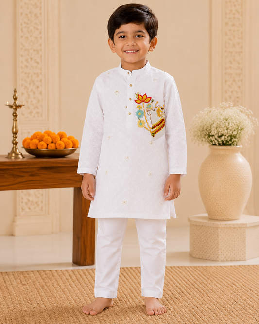 Hovea Cotton Chickenkari Appliqued Ethnic Kurta Set For Boys