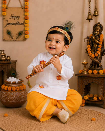 Hovea Ethnic Lotus Appliqued Cotton White kurta and Yellow Dhoti