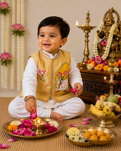Hovea Hand painted jacket with Cotton lakhnavi kurta dhoti set