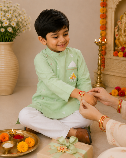 Boys  Pale Green Sherwani style kurta pant set for traditional Occasions like festivals like Diwali, Onam, Durga Puja/Dussehra, Janmashtami, Raksha Bandhan, Eid Ul Fitr, Ganesh Chaturthi, Navratri, Diwali etc.