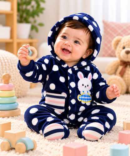 Baby Hooded Fleece Romper for Boys & Girls – Soft Winter Footed Jumpsuit with Bunny Patch