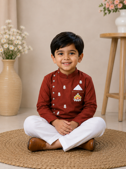 Boys Mehroon Sherwani style kurta pant set for traditional Occasions like festivals like Diwali, Onam, Durga Puja/Dussehra, Janmashtami, Raksha Bandhan, Eid Ul Fitr, Ganesh Chaturthi, Navratri, Diwali etc.