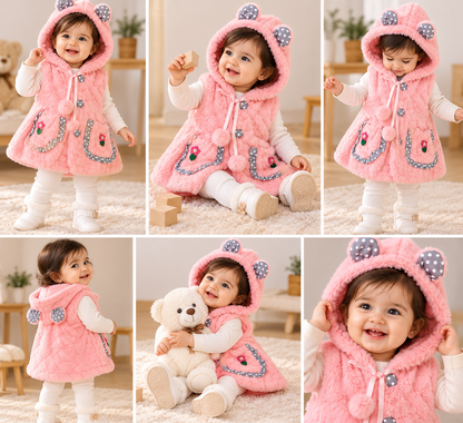 Baby Girls Fluffy Hooded Winter Jacket with Ears & Floral Pockets | Pink & Cream