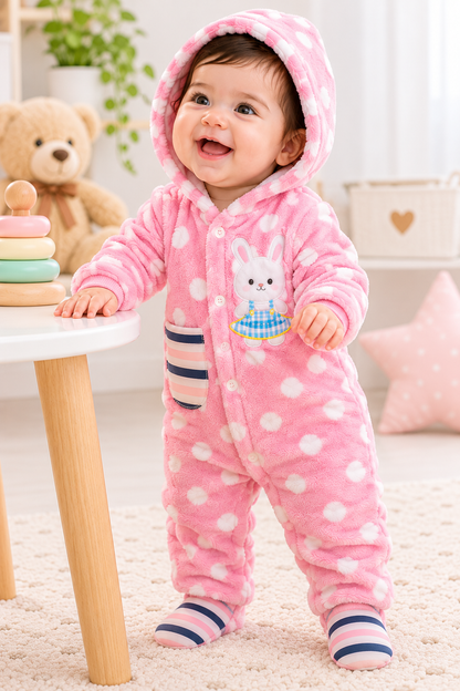 Baby Hooded Fleece Romper for Boys & Girls – Soft Winter Footed Jumpsuit with Bunny Patch