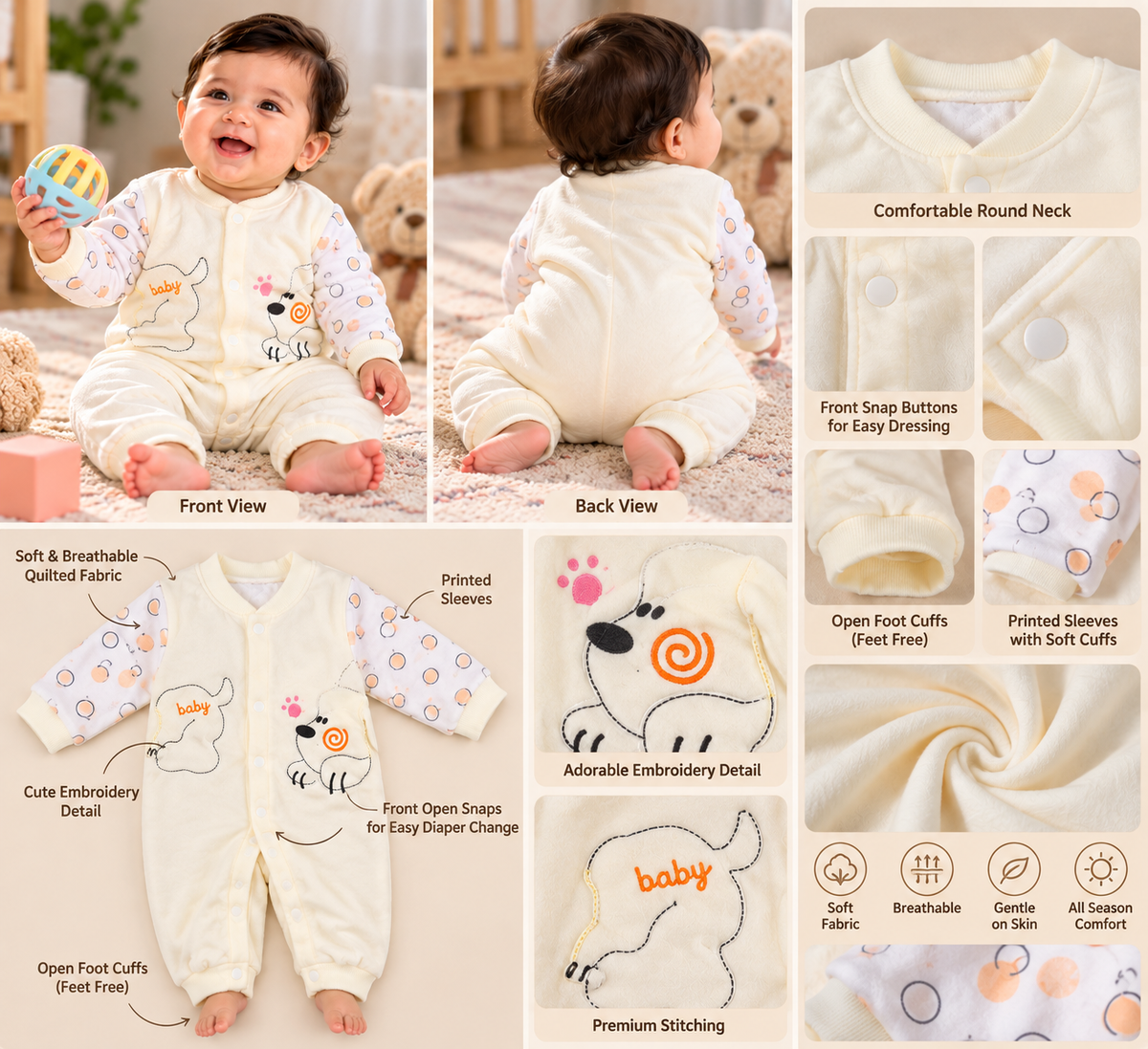 Baby Quilted Winter Romper for Boys & Girls – Pink & Cream