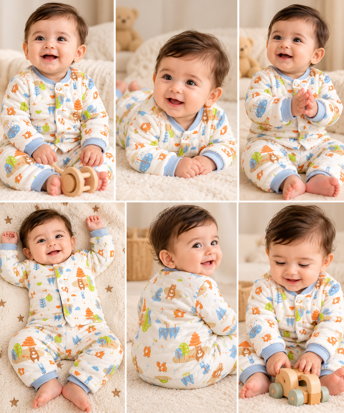 Baby Unisex Quilted Winter Co-Ord Set with Cute Forest Animal Print – Full Sleeve Top & Bottom