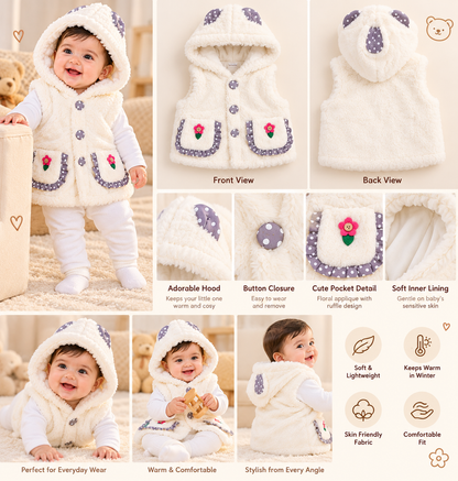 Baby Girls Fluffy Hooded Winter Jacket with Ears & Floral Pockets | Pink & Cream