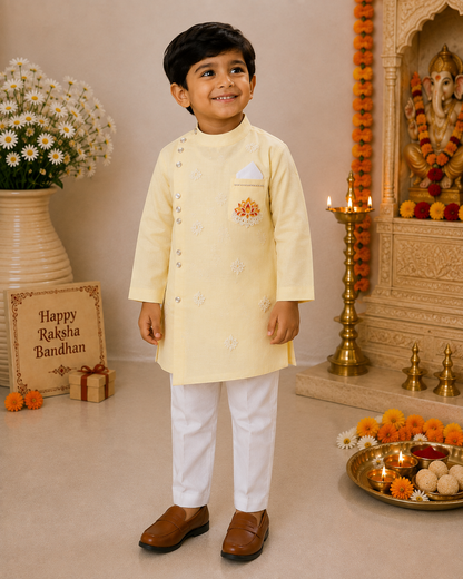 Boys  Pale Yellow  Sherwani style kurta pant set for traditional Occasions like festivals like Diwali, Onam, Durga Puja/Dussehra, Janmashtami, Raksha Bandhan, Eid Ul Fitr, Ganesh Chaturthi, Navratri, Diwali etc.