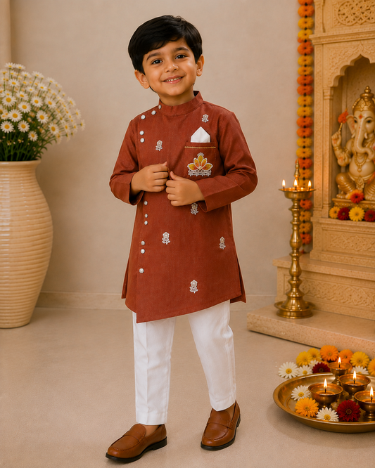 Boys Sherwani style kurta pant set for traditional Occasions like festivals like Diwali, Onam, Durga Puja/Dussehra, Janmashtami, Raksha Bandhan, Eid Ul Fitr, Ganesh Chaturthi, Navratri, Diwali etc.