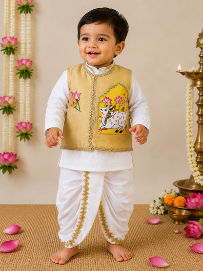 Hovea Hand painted jacket with Cotton lakhnavi kurta dhoti set