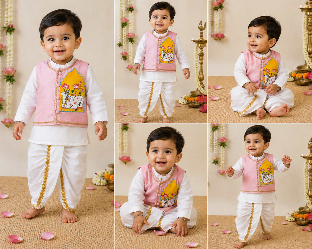 Hovea Hand painted jacket with Cotton lakhnavi kurta dhoti set