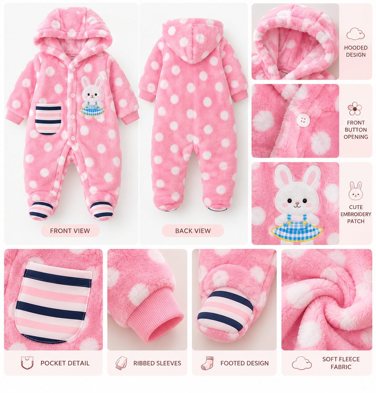 Baby Hooded Fleece Romper for Boys & Girls – Soft Winter Footed Jumpsuit with Bunny Patch