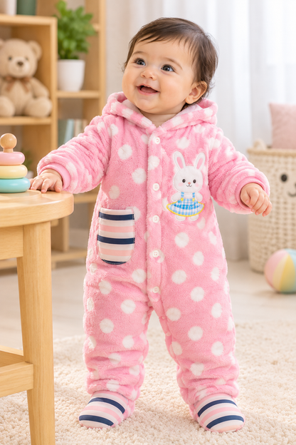 Baby Hooded Fleece Romper for Boys & Girls – Soft Winter Footed Jumpsuit with Bunny Patch