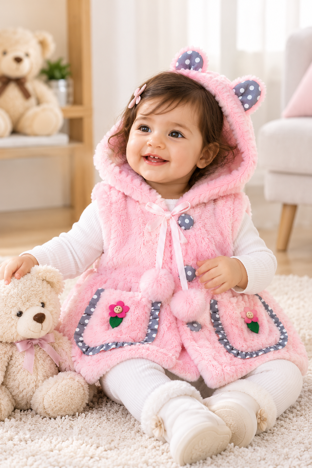 Baby Girls Fluffy Hooded Winter Jacket with Ears & Floral Pockets | Pink & Cream