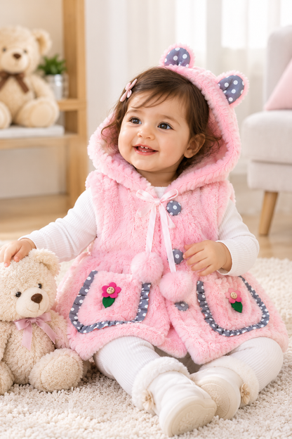 Baby Girls Fluffy Hooded Winter Jacket with Ears & Floral Pockets | Pink & Cream