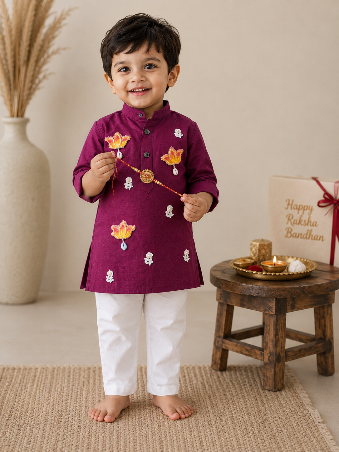 Hovea Maroon Cotton Ethnic wear kurta set for Boys