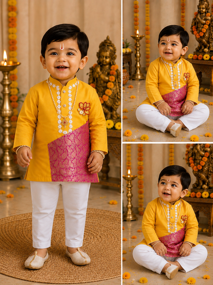 Hovea Cotton Yellow Kurta Ethnic wear for Boys