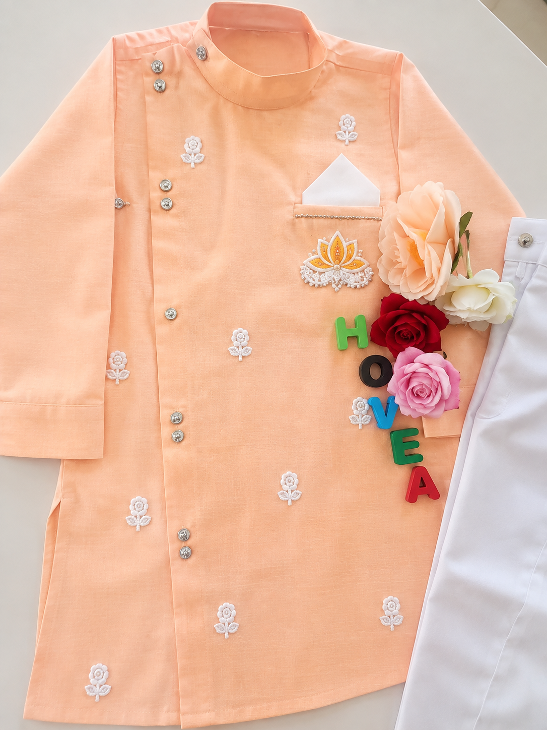 Boys  Peach Sherwani style kurta pant set for traditional Occasions like festivals like Diwali, Onam, Durga Puja/Dussehra, Janmashtami, Raksha Bandhan, Eid Ul Fitr, Ganesh Chaturthi, Navratri, Diwali etc.