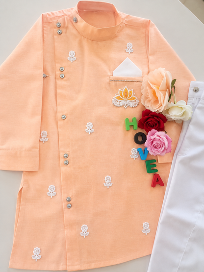 Boys  Peach Sherwani style kurta pant set for traditional Occasions like festivals like Diwali, Onam, Durga Puja/Dussehra, Janmashtami, Raksha Bandhan, Eid Ul Fitr, Ganesh Chaturthi, Navratri, Diwali etc.