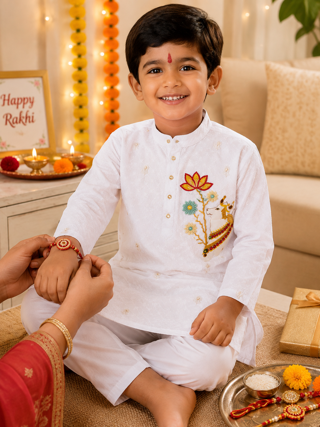 Hovea Cotton Chickenkari Appliqued Ethnic Kurta Set For Boys