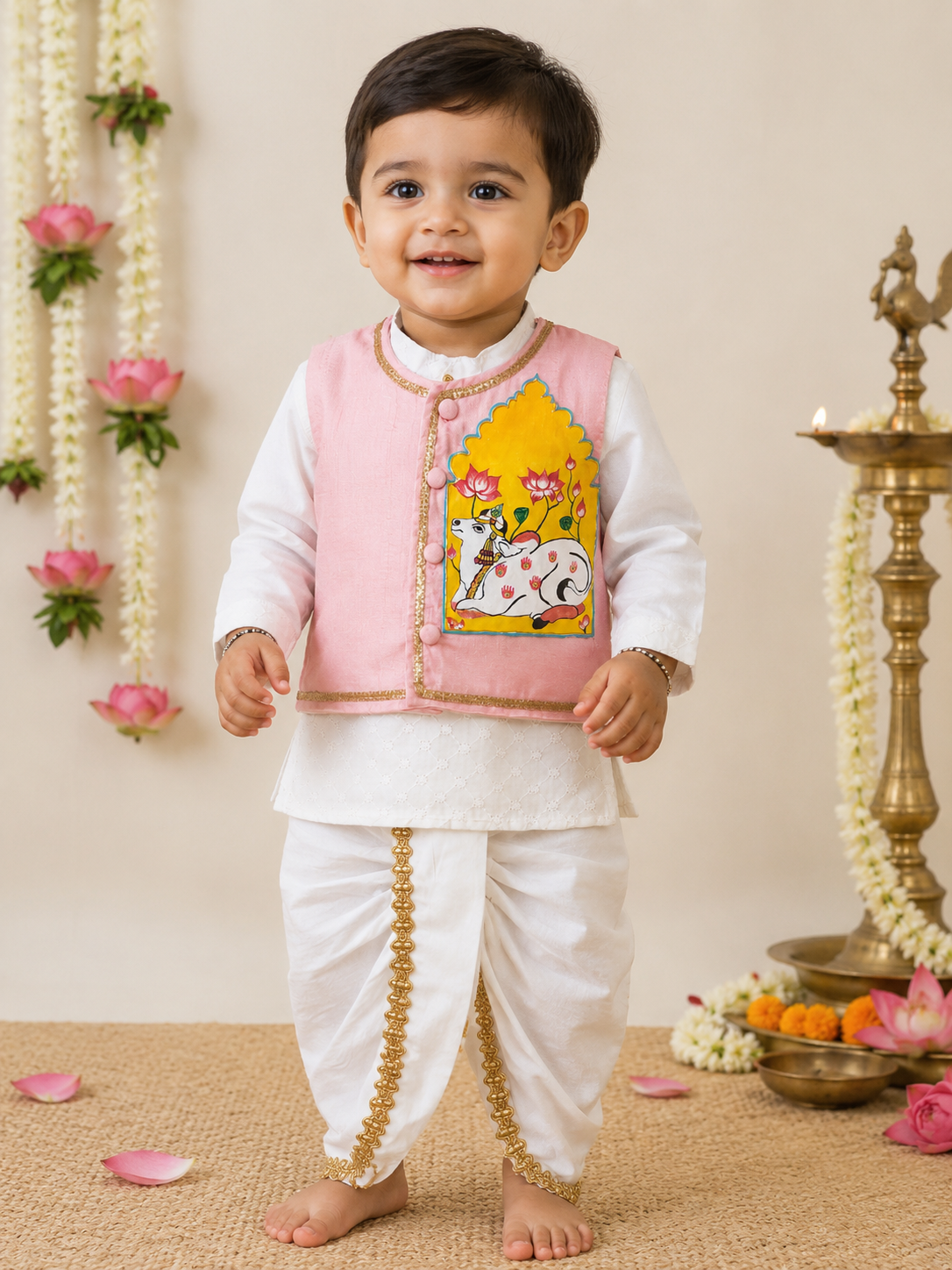 Hovea Hand painted jacket with Cotton lakhnavi kurta dhoti set