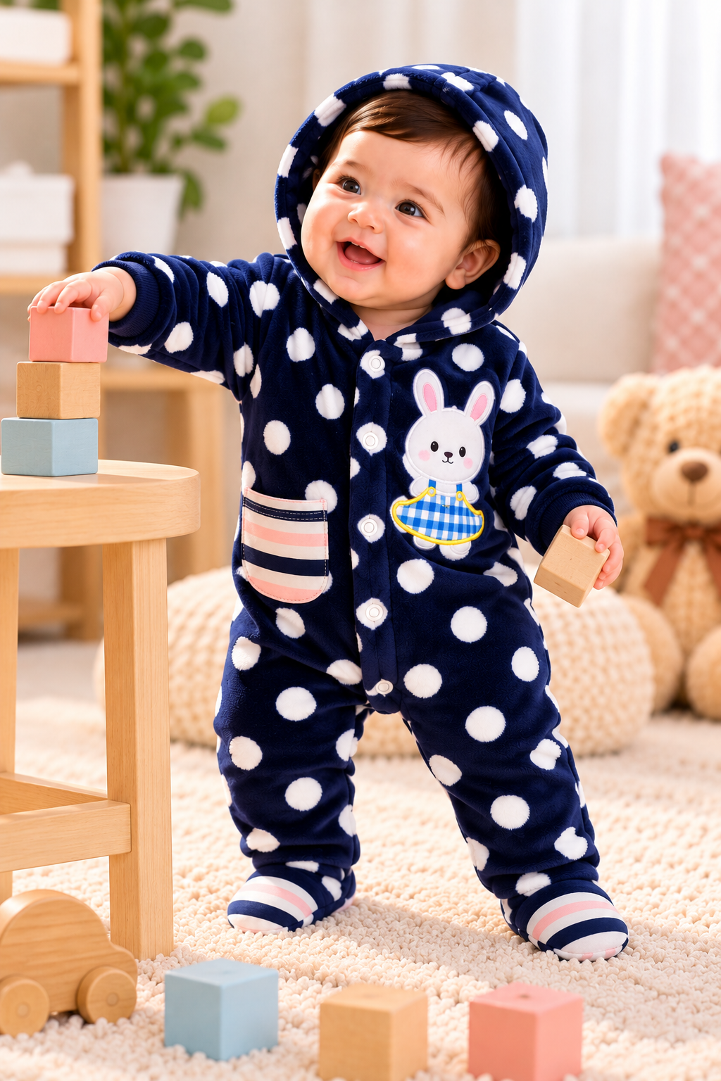 Baby Hooded Fleece Romper for Boys & Girls – Soft Winter Footed Jumpsuit with Bunny Patch