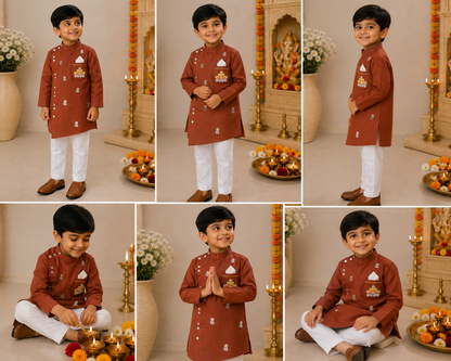 Boys  Rust Brown Sherwani style kurta pant set for traditional Occasions like festivals like Diwali, Onam, Durga Puja/Dussehra, Janmashtami, Raksha Bandhan, Eid Ul Fitr, Ganesh Chaturthi, Navratri, Diwali etc.