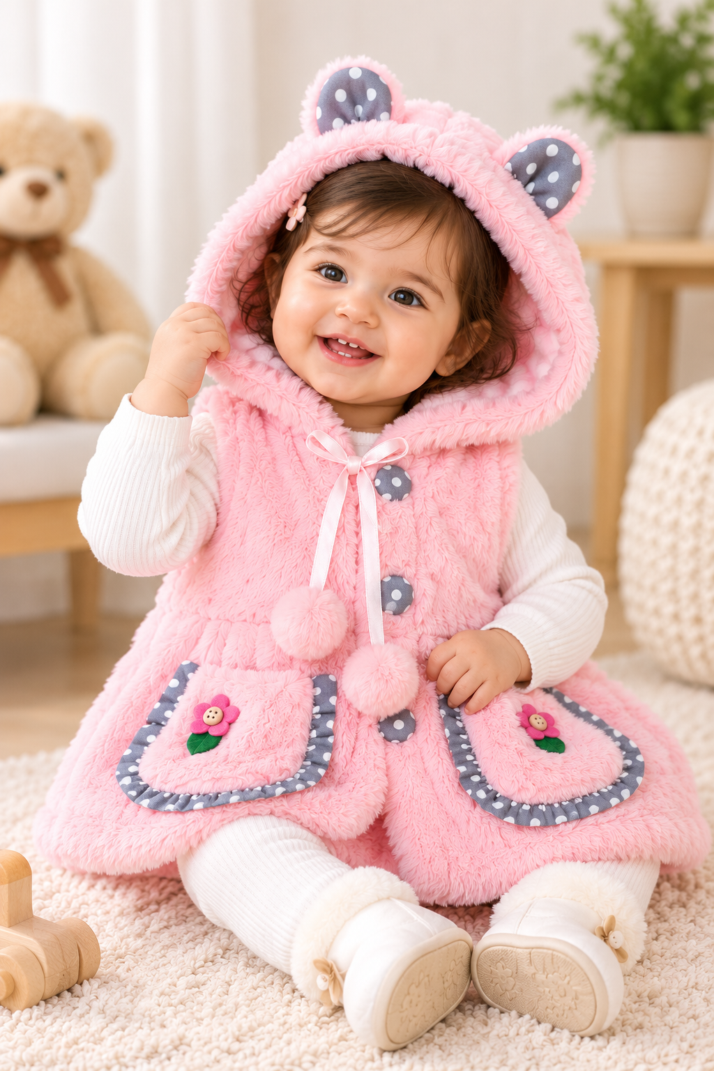 Baby Girls Fluffy Hooded Winter Jacket with Ears & Floral Pockets | Pink & Cream