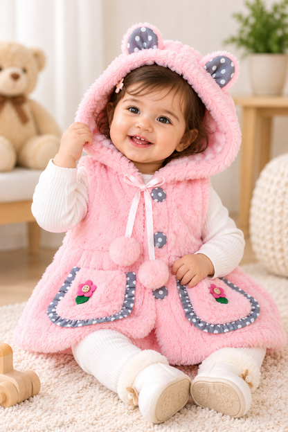Baby Girls Fluffy Hooded Winter Jacket with Ears & Floral Pockets | Pink & Cream