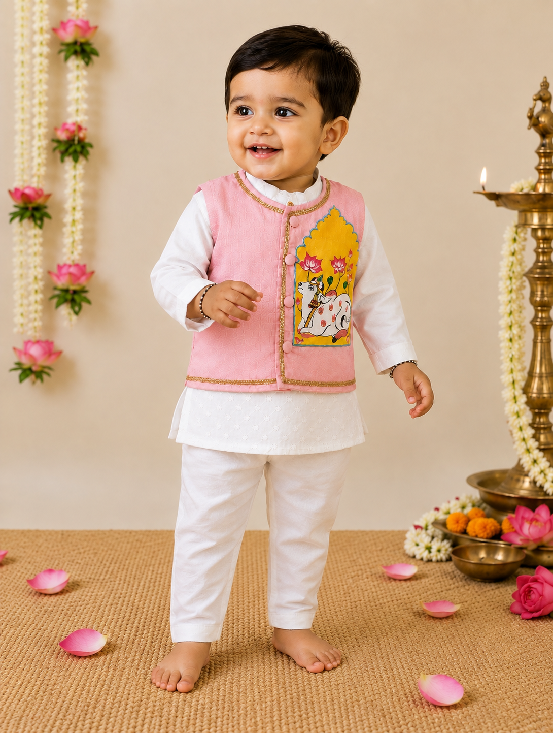 Hovea Hand painted jacket with Cotton lakhnavi kurta dhoti set