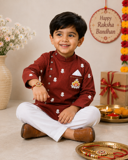 Boys  Meroon Sherwani style kurta pant set for traditional Occasions like festivals like Diwali, Onam, Durga Puja/Dussehra, Janmashtami, Raksha Bandhan, Eid Ul Fitr, Ganesh Chaturthi, Navratri, Diwali etc.