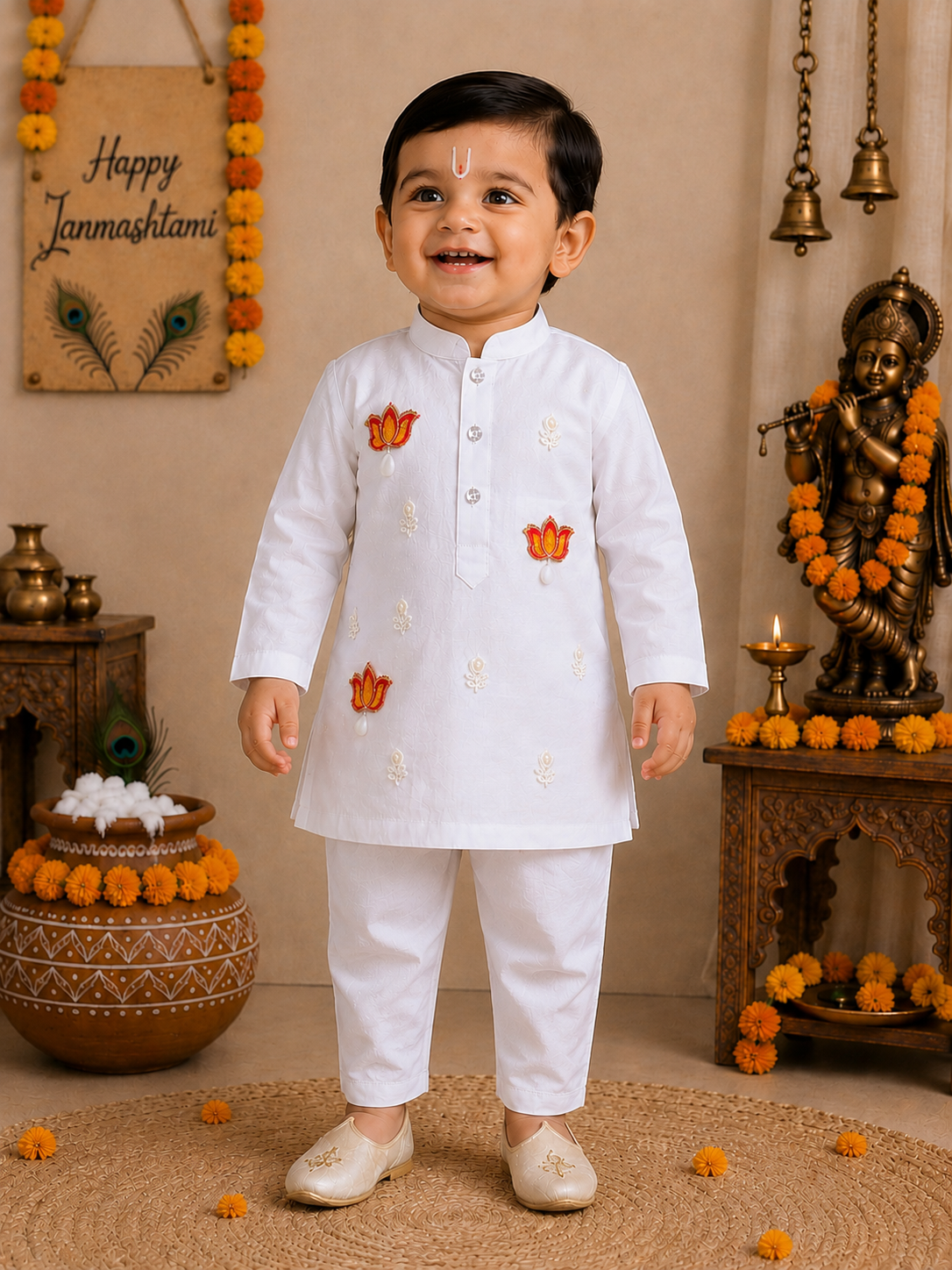 Hovea Ethnic Lotus Appliqued Cotton White kurta and Yellow Dhoti