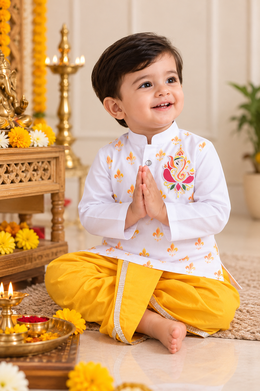 Hovea Hand painted Ganesha dhoti kurta set For Boys