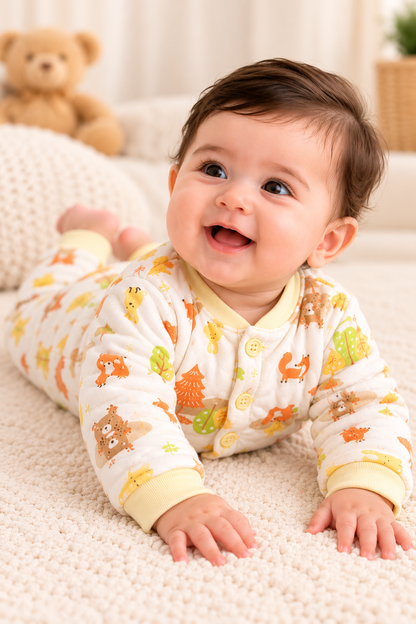 Baby Unisex Quilted Winter Co-Ord Set with Cute Forest Animal Print – Full Sleeve Top & Bottom