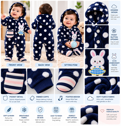 Baby Hooded Fleece Romper for Boys & Girls – Soft Winter Footed Jumpsuit with Bunny Patch
