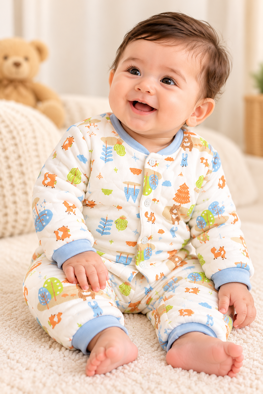 Baby Unisex Quilted Winter Co-Ord Set with Cute Forest Animal Print – Full Sleeve Top & Bottom