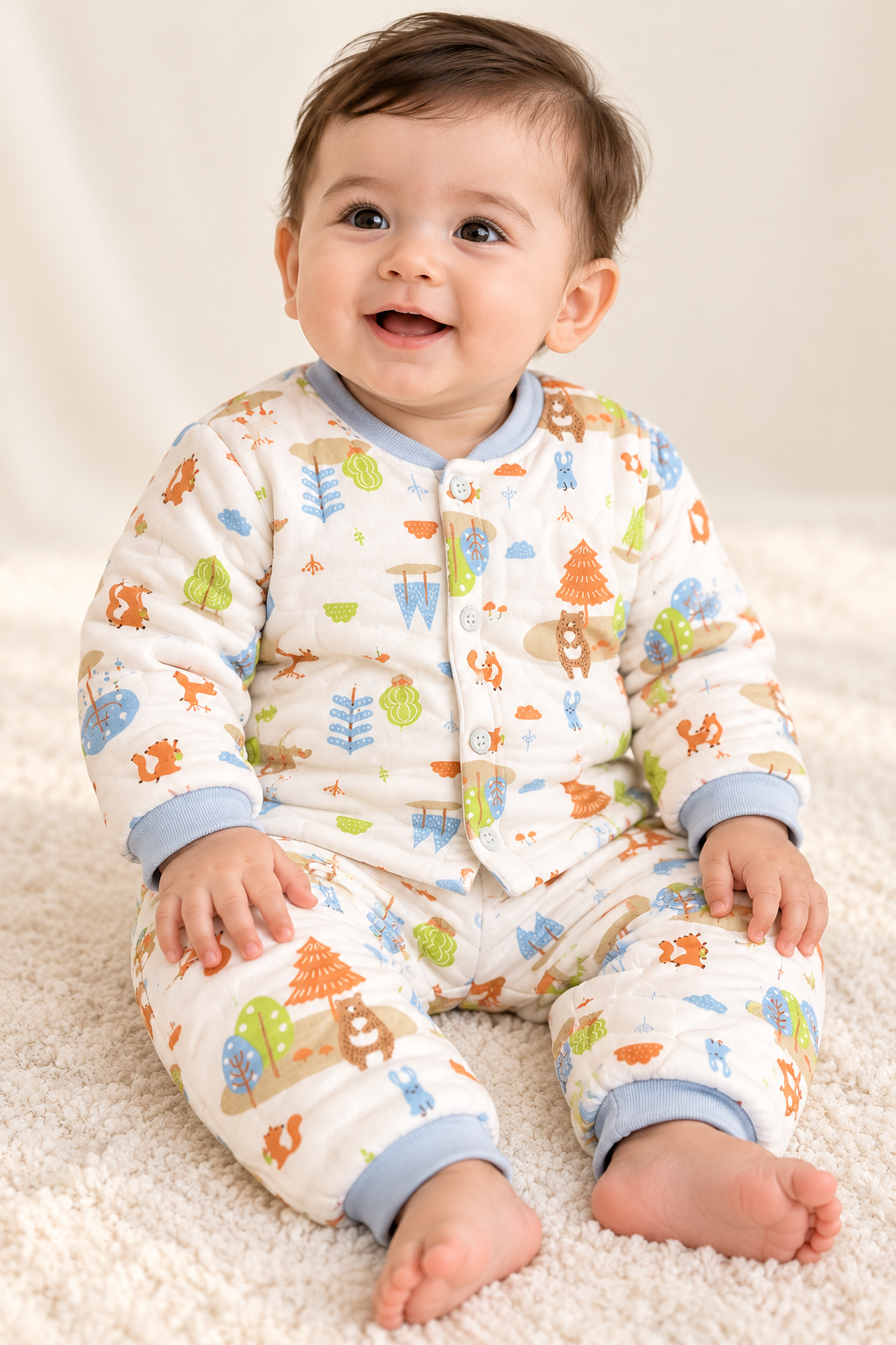Baby Unisex Quilted Winter Co-Ord Set with Cute Forest Animal Print – Full Sleeve Top & Bottom