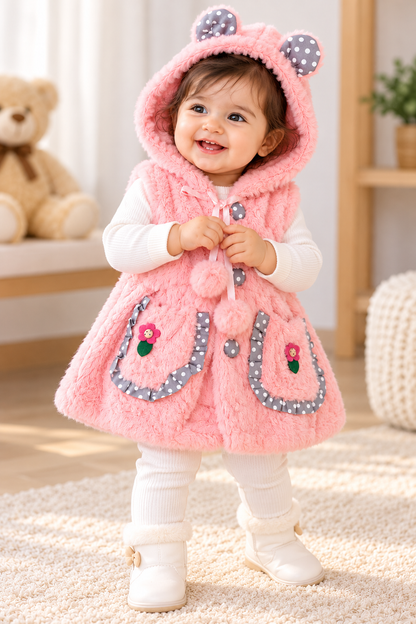Baby Girls Fluffy Hooded Winter Jacket with Ears & Floral Pockets | Pink & Cream