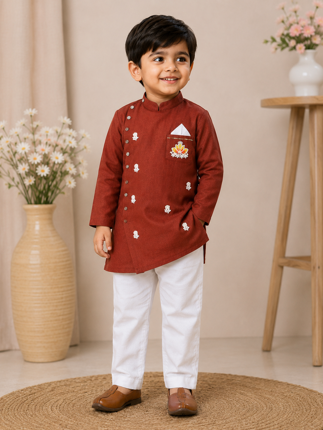 Boys Rust Brown Sherwani style kurta pant set for traditional Occasions like festivals like Diwali, Onam, Durga Puja/Dussehra, Janmashtami, Raksha Bandhan, Eid Ul Fitr, Ganesh Chaturthi, Navratri, Diwali etc.