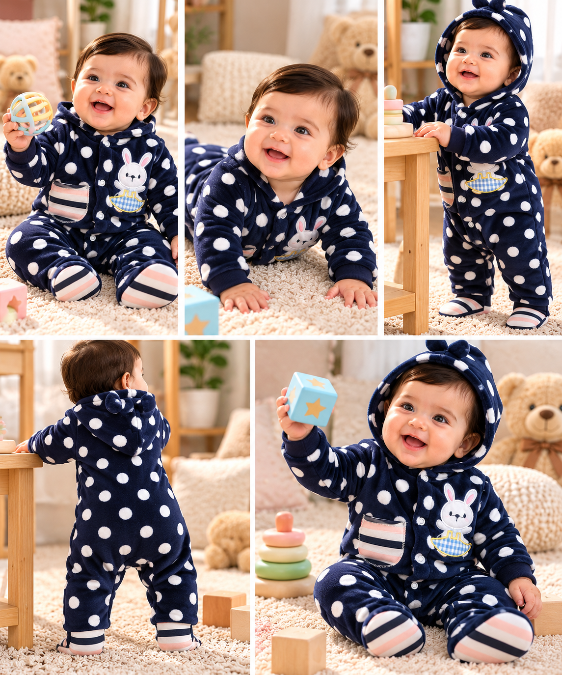 Baby Hooded Fleece Romper for Boys & Girls – Soft Winter Footed Jumpsuit with Bunny Patch