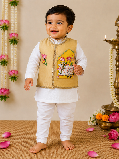 Hovea Hand painted jacket with Cotton lakhnavi kurta dhoti set