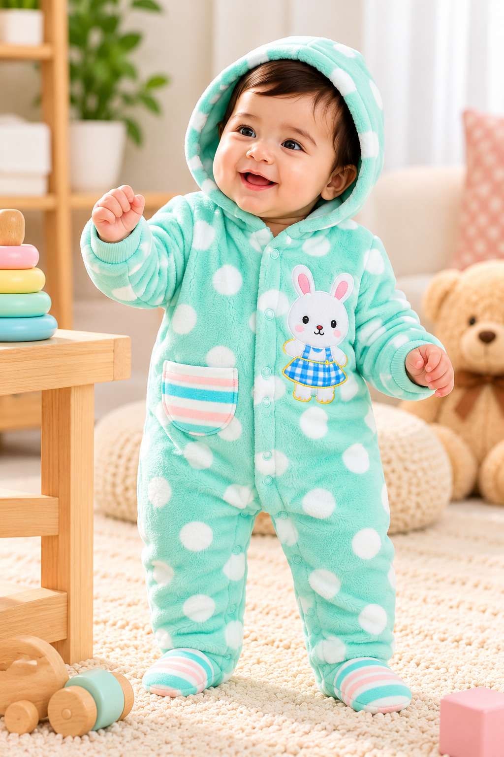 Baby Hooded Fleece Romper for Boys & Girls – Soft Winter Footed Jumpsuit with Bunny Patch