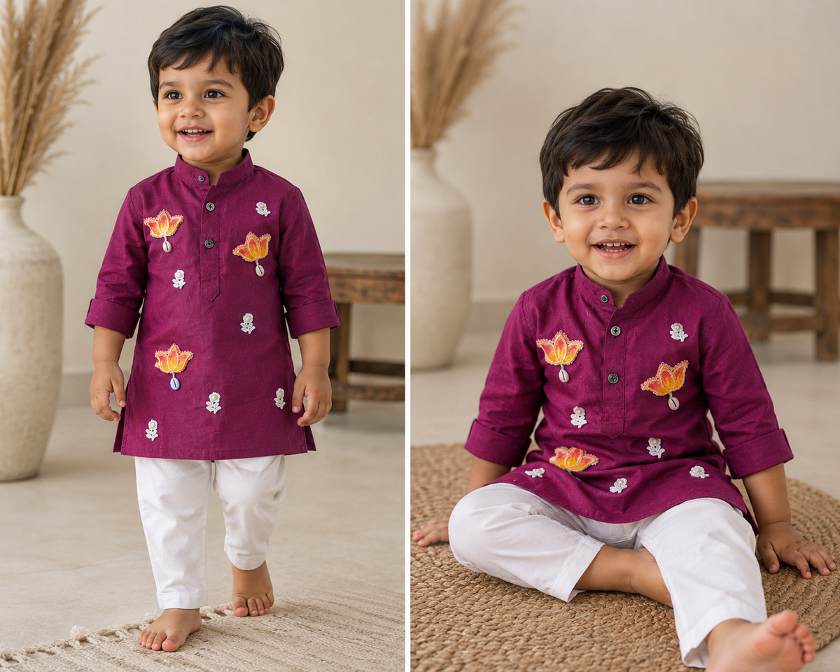 Hovea Maroon Cotton Ethnic wear kurta set for Boys