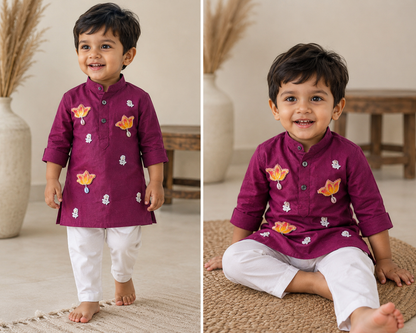 Hovea Maroon Cotton Ethnic wear kurta set for Boys