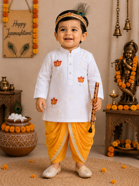 Hovea Ethnic Lotus Appliqued Cotton White kurta and Yellow Dhoti