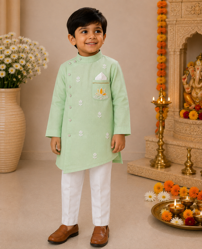 Boys Green Sherwani style kurta pant set for traditional Occasions like festivals like Diwali, Onam, Durga Puja/Dussehra, Janmashtami, Raksha Bandhan, Eid Ul Fitr, Ganesh Chaturthi, Navratri, Diwali etc.
