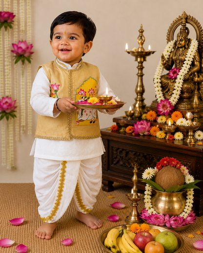 Hovea Hand painted jacket with Cotton lakhnavi kurta dhoti set